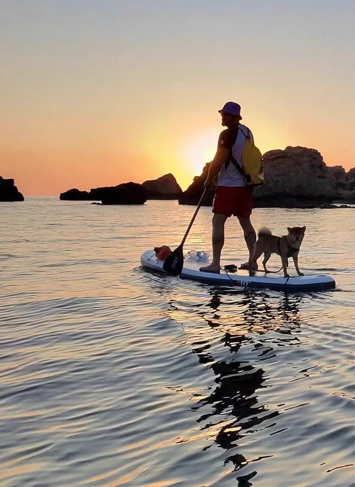 The guide paddling a board past rocks at golden hour, with a small dog standing on the board behind him